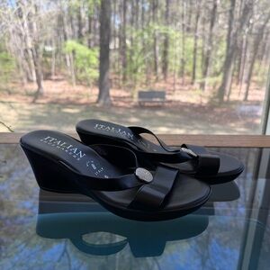 Italian Shoemakers Black Wedge Slide Sandals with Rhinestone Accent